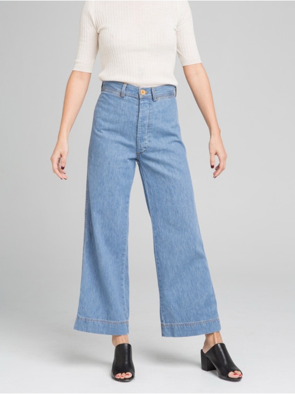 Caron Callahan Stewart Pants in Denim Straight Wide Leg Jeans Ankle Crop Blue